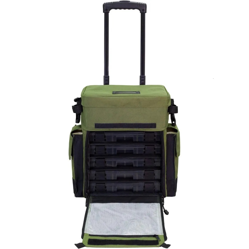 3 Roller Tackle Box Waterproof Fishing Backpack 5 Removable Trays 4 Rod Shees Mens Gift Fish Bag Rollers 240808 4