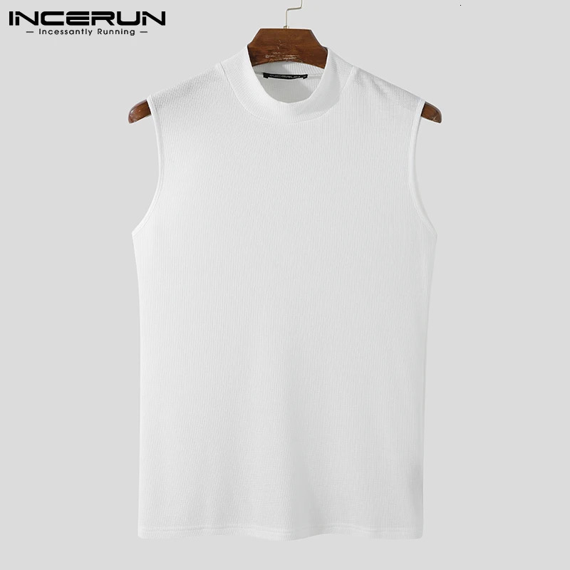 2024 Fashion Mens Tank Tops Turtleneck Solid Color Sleeveless Streetwear Casual Vests Party Nightclub Skinny Tops INCERUN S-5XL 240808