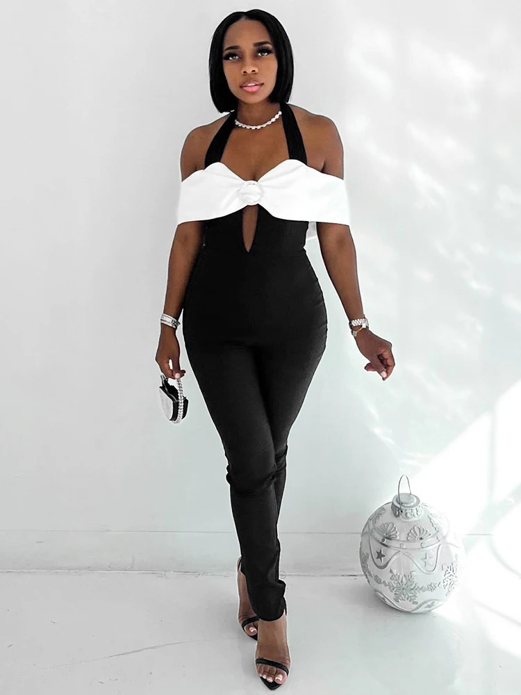 Weird Puss Halter Jumpsuit Women Patchwork Sleeveless Slash Neck Hollow Fitness Activity Elegant Party Clubwear Workout Overalls 240808