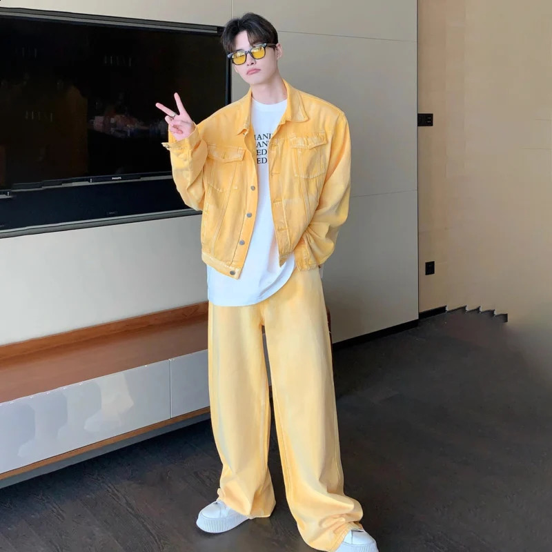 NOYMEI Pink Two Pieces Set Fashionable Long Sleeve Pocket CoatStraight Wide Leg Casual Pants Men Denim Trendy Suit WA1595 y240830