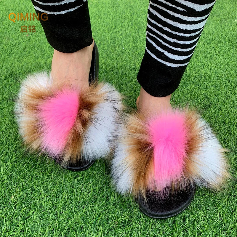 fox Fur Slides For Women Plush Slippers Fluffy Slides Raccoon Fuzzy Furry Faux Fur Slippers Summer Flat Shoes Woman Sandals 240809