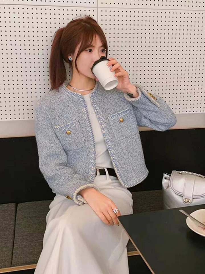 Zoki French Sweet Women Tweed Jacket Elegant Buttons Faux Wool High Quality Coat Fashion Long Sleeve Casual Female Outwear 240812