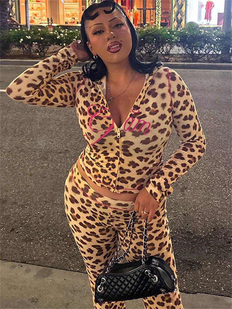 WLWXR Autumn Leopard Print 2 Piece Set Causal Street Outfits Women Y2K Fashion Long Sleeve Zip Hooded Crop Tops Pants Set 240809