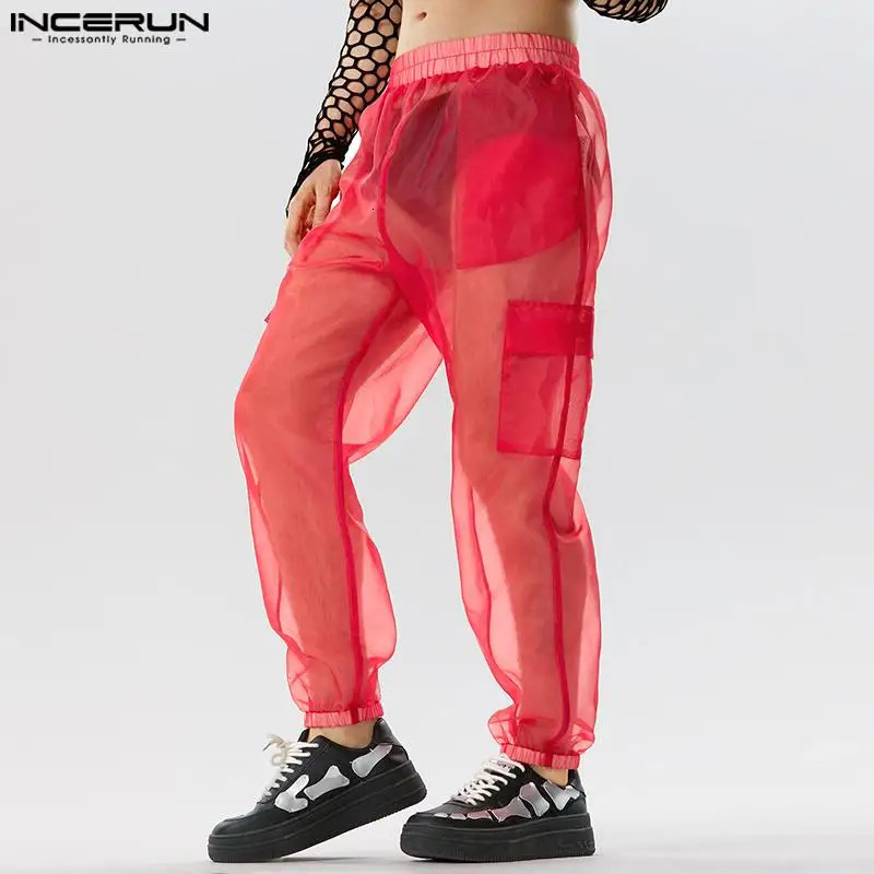 Fashion Men Pants Mesh Transparent Joggers Sexy Elastic Waist Trousers Men Loose Pockets Streetwear Pantalon S-5XL INCERUN 240809