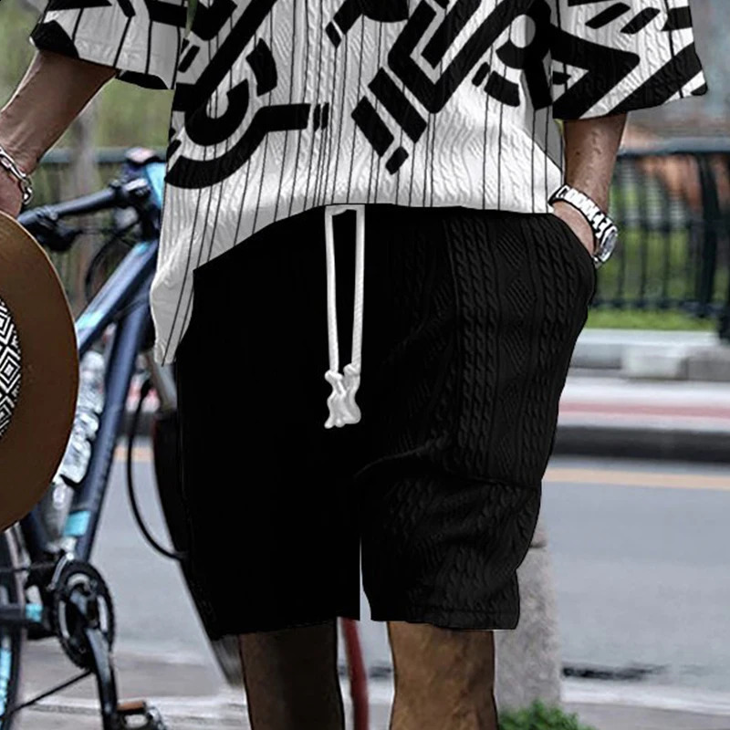 2024 Summer 3D Printed Loose Size Casual Style Plus Vneck Knitted Mens Tshirt Two Piece Set y240809