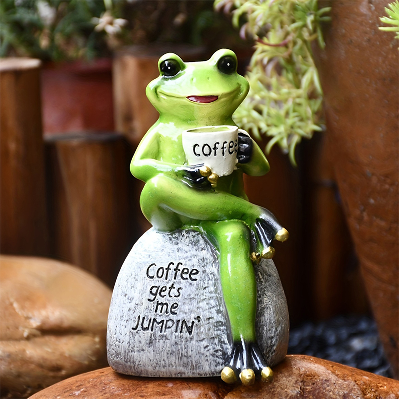 Coffee Drinking Frog Statue Animal Figurines Resin Crafts Collectible Figurines Outdoor Garden Patio Law Decoration