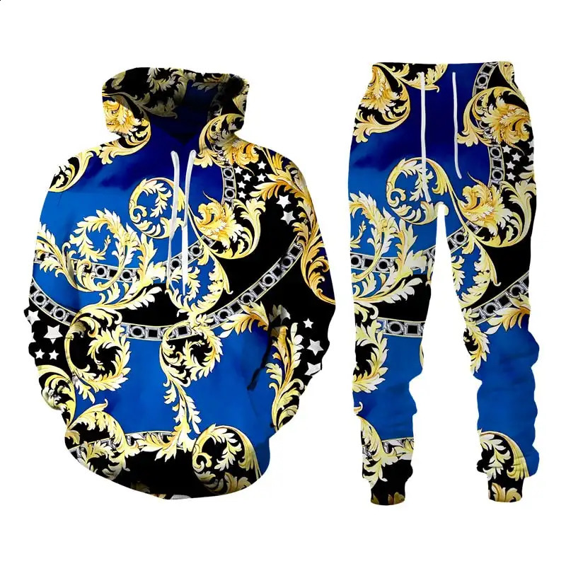 Mens Hoodie Set Baroque Style Sweatsuit 3D Printed Crown Golden Chain Hoodie Sweatsuit Casual Mens Pullover Tracksuit Set 240809