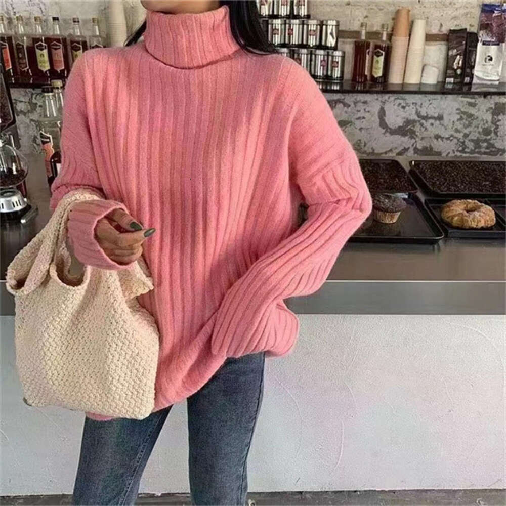 Solid color outerwear, high neck knitted sweater for women's autumn and winter new loose long sleeved base top dongdumaoyi
