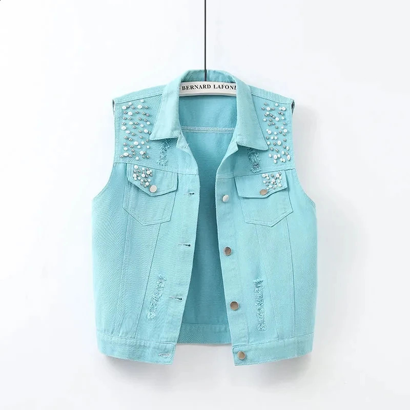 Colorful Denim Jacket Waistcoat Womens Spring Summer Slim Hole Beaded Sleeveless Coat Female Short Casual Vest Outwear Tops 240813