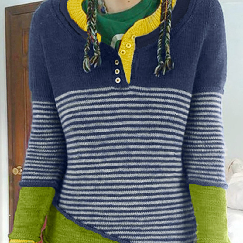 Autumn New Striped Color Blocked Knitted Sweater Womens Single Breasted Pullover Top Casual Versatile Sweater