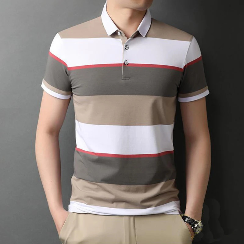 Mens Polo T Shirt Business Casual Simple Stripes Print Summer Short-Sleeve Polo Shirt Fashion Street Wear Oversized Clothes i240816