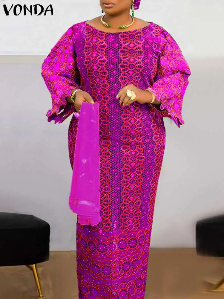 VONDA Women Bohemian Maxi Dress Vintage Fare Sleeve Party Long Dress Elegant Evening Sundress Casual Vestidos Femme Robe 240809