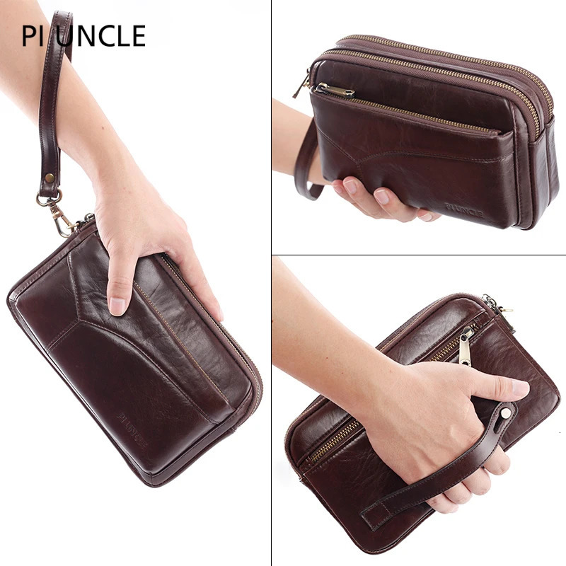 Mens leather handbag large capacity currency wallet mobile phone pocket womens soft double zipper mens clutch bag 240808