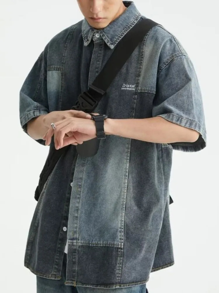 Summer retro Japanese style short sleeved shirt patchwork denim street hip-hop single chest cardigan mens fashion top240808