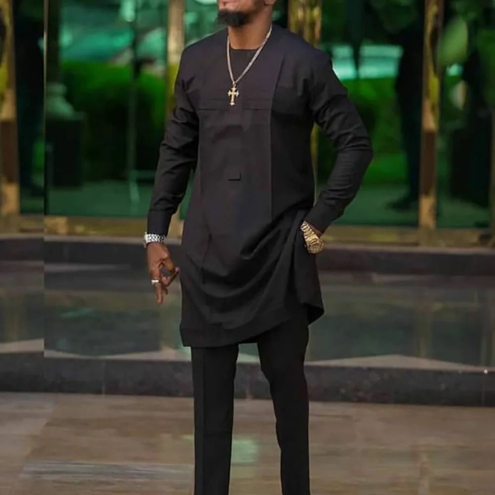 African mens original Disignor clothing Tunic ethnic style 2piece large stone wood pants set used for dresses traditional Kaftan 240808