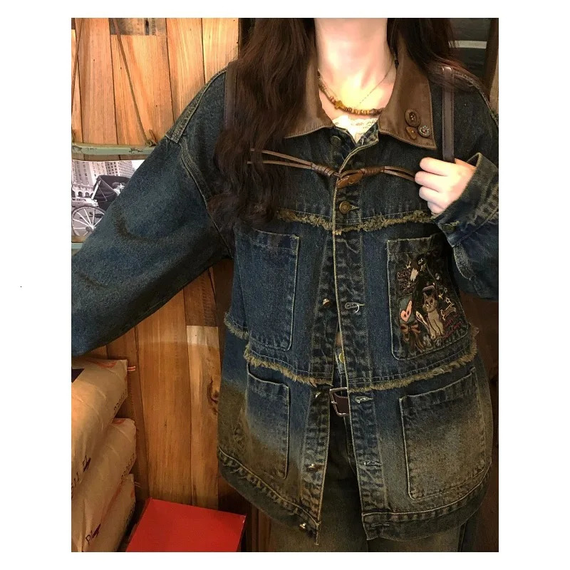 Xgoth Chic Denim Jacket American Retro Old Loose Streetweat Contrast Lapels Jackets Long Sleeve Hip Hop Coats Punk Clothes Tops 240808