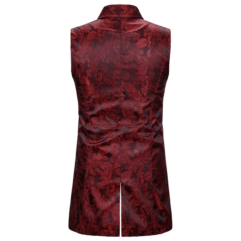 Wine Red Paisley Jacquard Long Vest Mens Double Chest Collar Brocade Belt Gothic Steampunk Sleeveless Tailcoat 240809