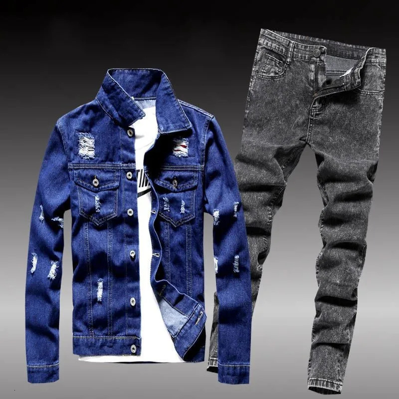 AutumnWinter Mens Jeans Set Trendy Denim Jacket Handsome Clothing Culture Morality 240808 - view 4