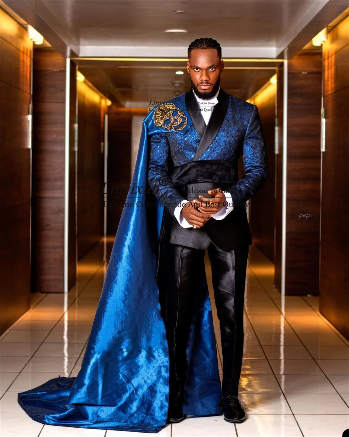 Fashion Blue Jacquard Mens Suit Slim Groom Tuxedos With Cape Shiny 2 Pieces Sets Male Prom Blazers Costume Homme 240808