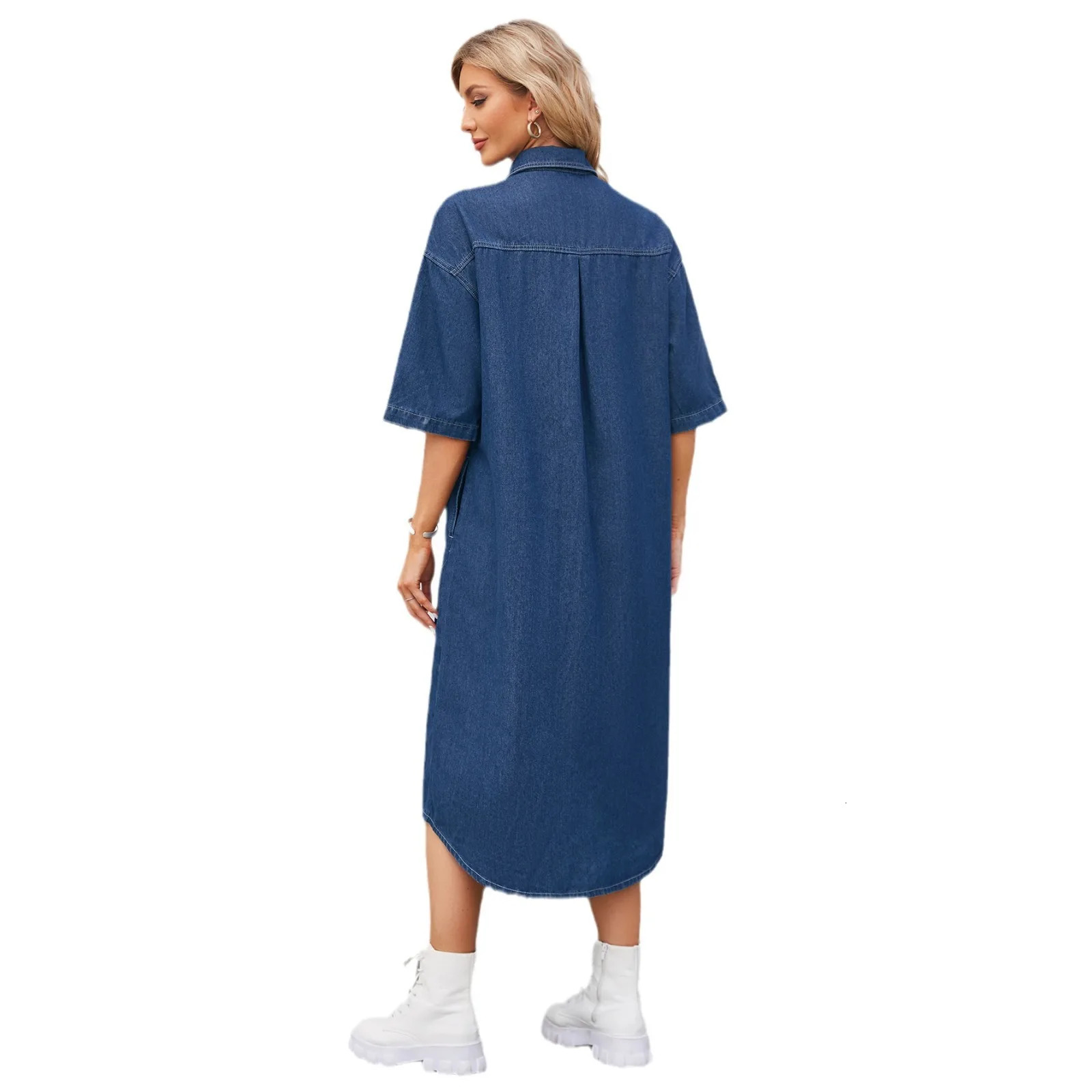 Casual Denim Shirt Dress Womens Button Retro Elegant Washed Dress Short Sleeved Simple Loose Long Dresses For Ladies 240808