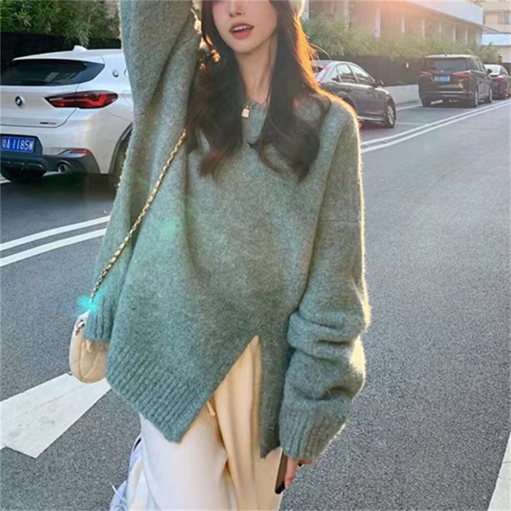 autumn winter new lazy style round neck slit knitted loose and versatile outerwear sweater women's clothing dongdumaoyi