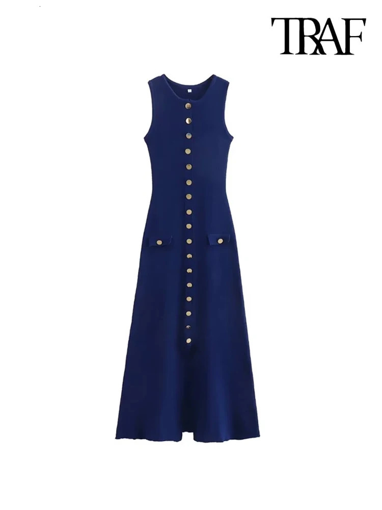TRAF Women Chic Fashion With Golden Buttons Knitted Midi Dress O Neck Sleeveless Female Dresses Vestidos Mujer 240809