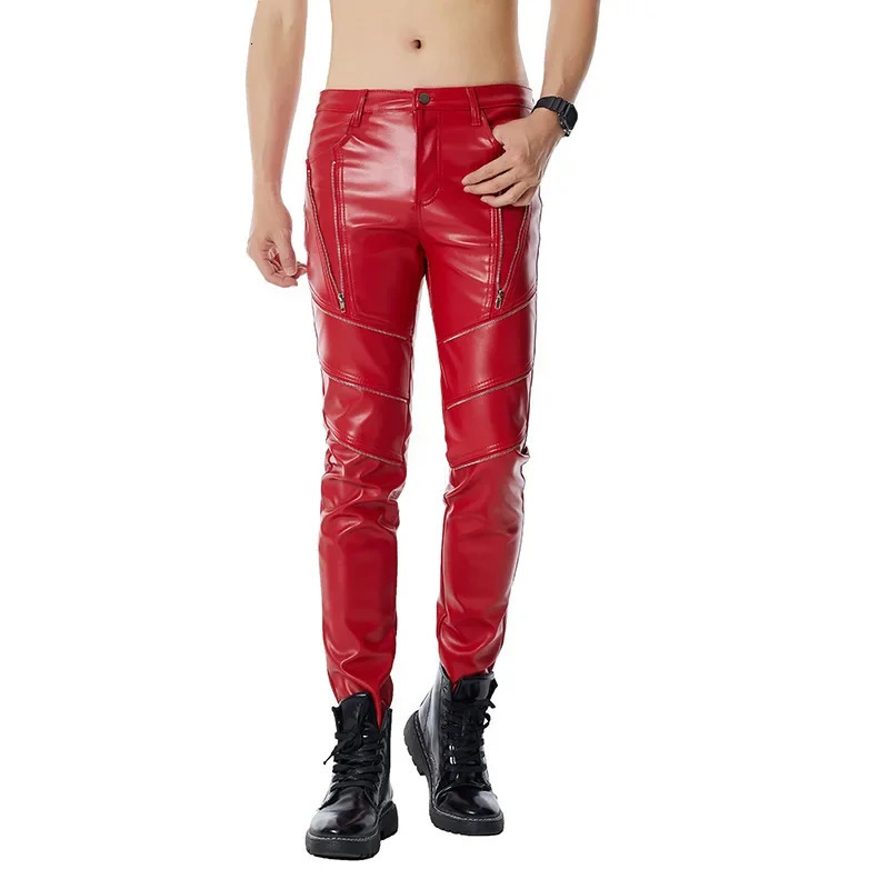 Mens red personal casual zipper PU stitched leather pants 240808