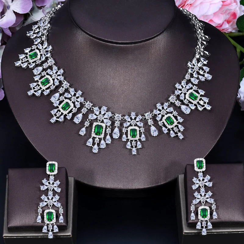 ANGELCZ Exclusive Dubai Bridal Clothing Jewelry Set Womens Yellow Cubic Zirconia Tassel Square Pendant Necklace Earrings AJ199 240805