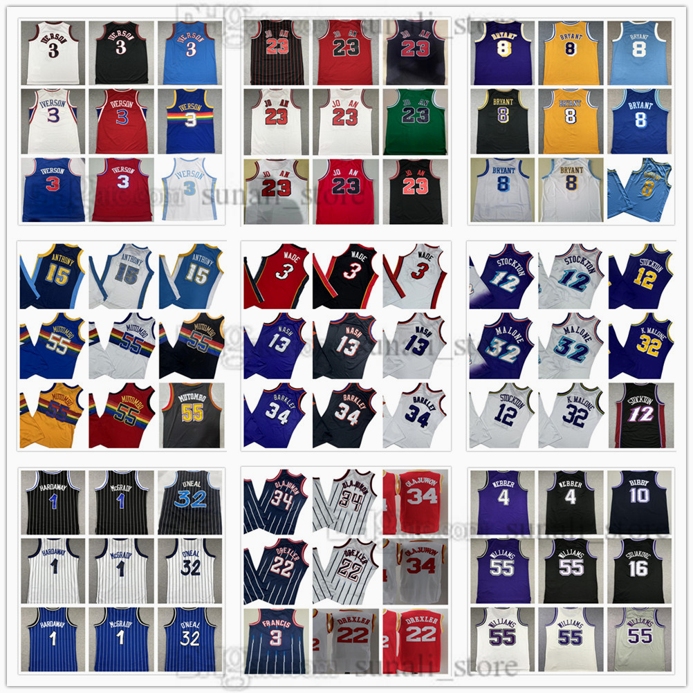 Allen Iverson Jersey Retro Basketball Hardaway McGrady Nash Barkley Webber Bryant Stockton Malone Pippen Rodman Rose Drexler Olajuwon Duncan Carter Bird Nowitzki