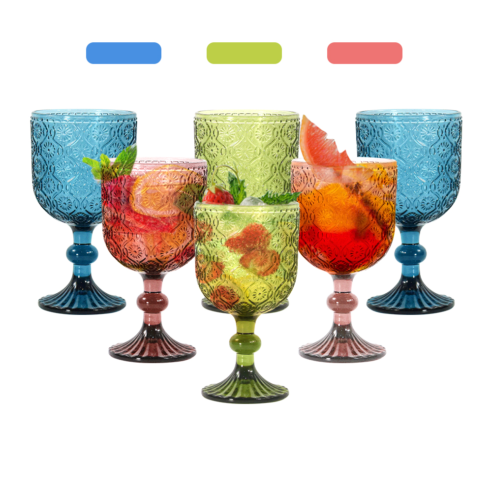 Wholesale 240ml wine glasses 12oz Vintage Pattern European embossed stained lamp thick goblets for Party Wedding Haitang Flower Style