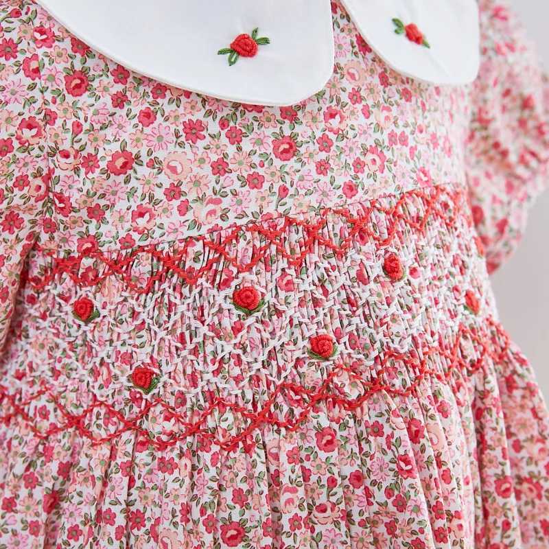 Kids Little Girls Handmade Smocked Floral Flower Print Dresses 2024 Spring Summer Toddler Girl Princess Vintage Smock DressY240809