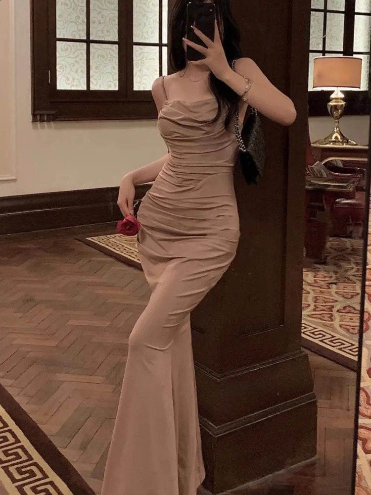 Women Elegant Sexy Bodycon Mermaid Dress Summer Fashion Strap Evening Party Runway Robe Korean Female Solid Long Vestidos 240809