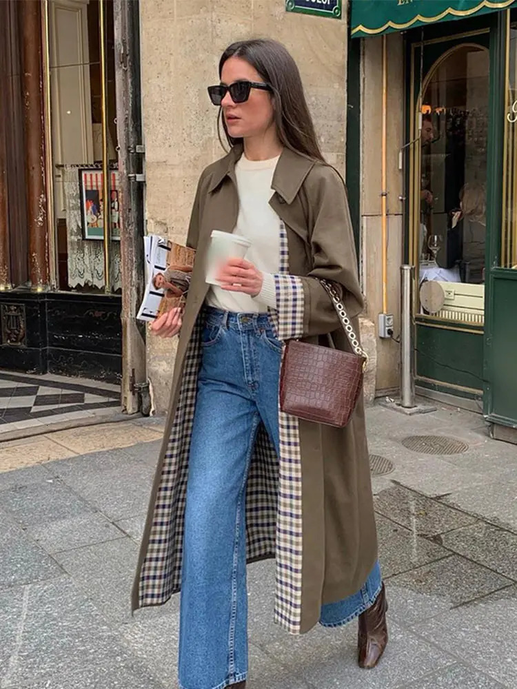 Fashion Brown Grid Pattern Inside Lapel Overcoat For Women Retro Pockets Buttons Long Loose Coat Autumn Lady Streetwear 240809