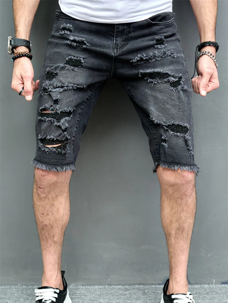 Mens summer short hole ultra-thin five point pants street fashion casual mens solid straight jeans beach denim shorts240808