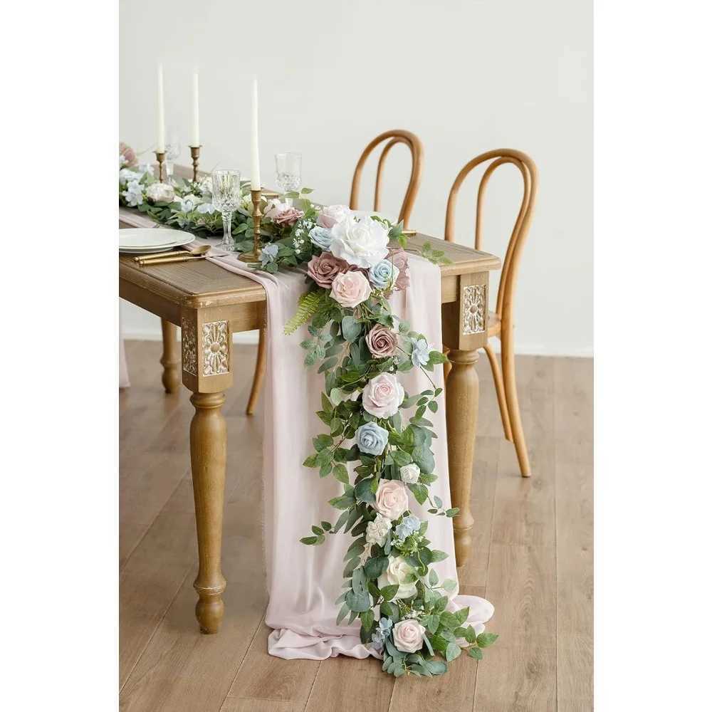 Eucalyptus Garland 6FT Table Runner with Flowers Handcrafted Wedding Centerpieces for Rehearsal Dinner Bridal Shower Y240808