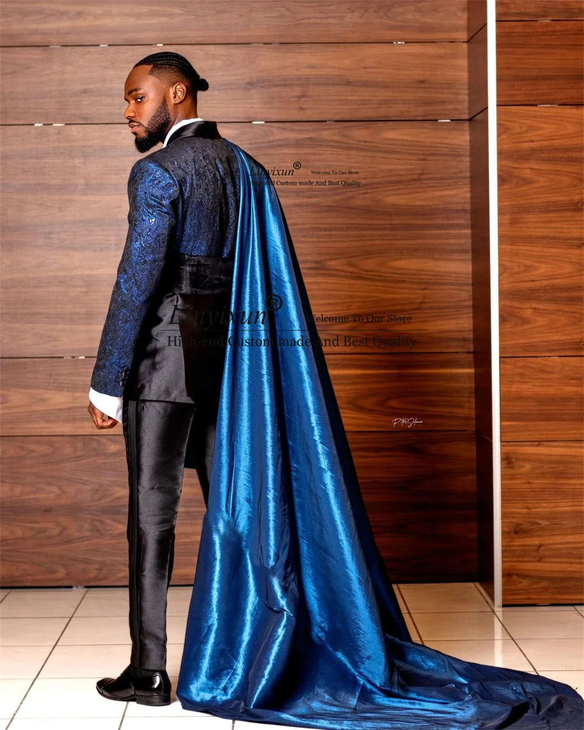 Fashion Blue Jacquard Mens Suit Slim Groom Tuxedos With Cape Shiny 2 Pieces Sets Male Prom Blazers Costume Homme 240808