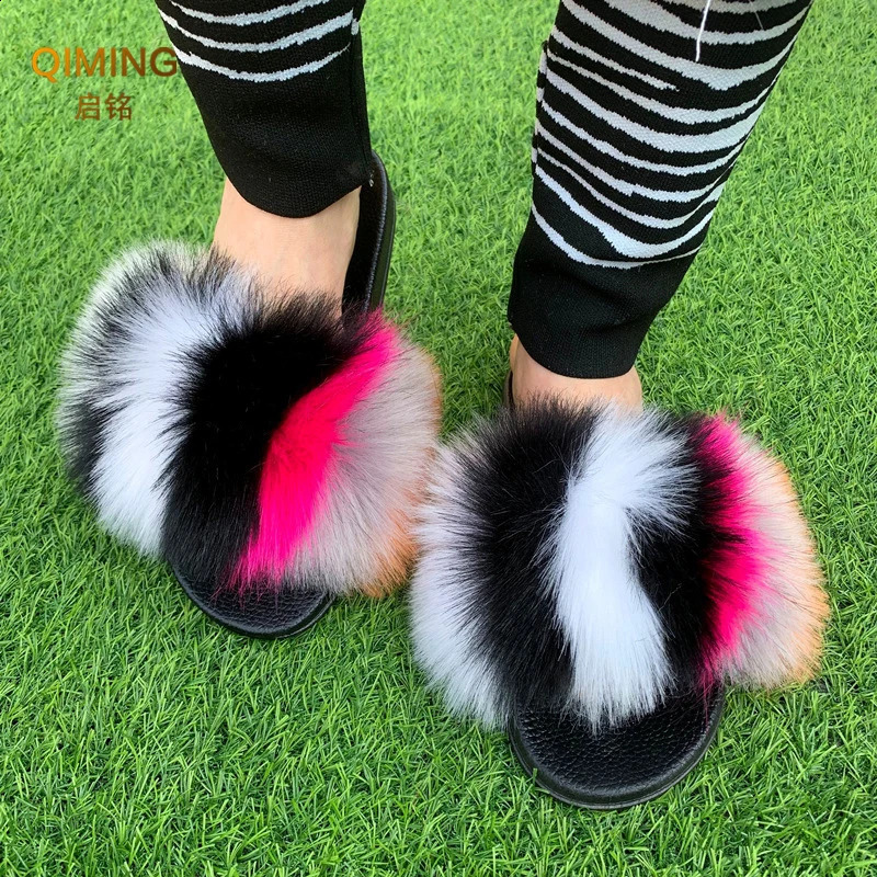 fox Fur Slides For Women Plush Slippers Fluffy Slides Raccoon Fuzzy Furry Faux Fur Slippers Summer Flat Shoes Woman Sandals 240809