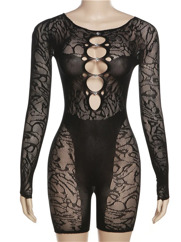 Simenual Women Trim Clubwear Playsuits Sexy Transparent Rhinestone Hollow Out Skinny Rompers Rave Jumpsuits Baddie Outfits 240808