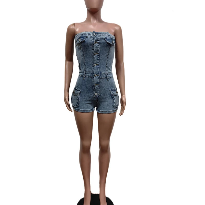 Sexy Tube Strapless Denim Romper Women Jumpsuit Singlebreasted Multi Pockets Party Club One Pieces Playsuit Combinaison Short 240808