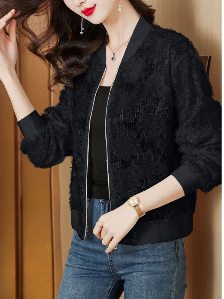 Wxw5368 black beige short baseball jacket for women thin sequin jacket for women slim fit zipper Korean style jacket for summer 240826
