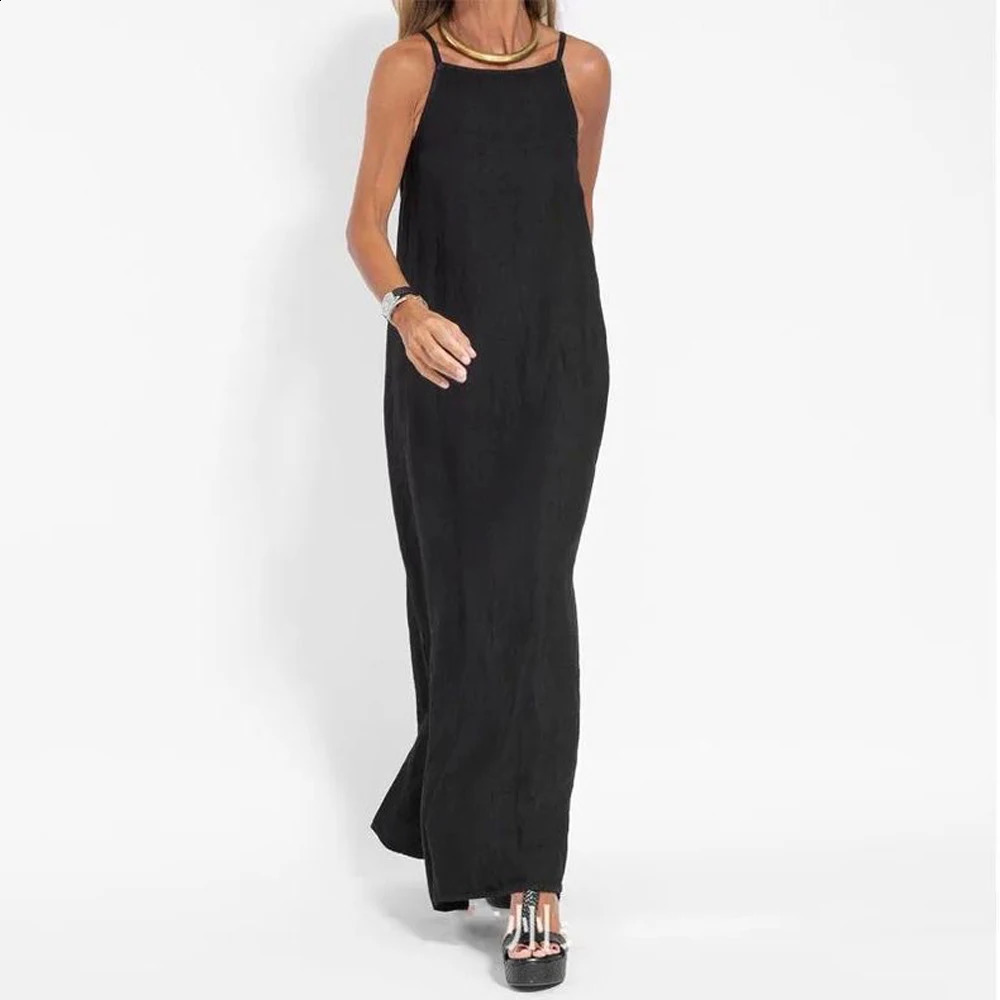 Women Cotton Linen Side Split Long Slip Dress Summer Lady Strapless Solid Color Holiday Party Dresses Fyy10080 Y24