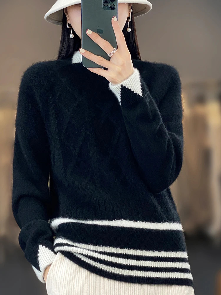 Autumn and Winter 100% Pure Woolen Sweater Womens Half Height Round Neck Contrast Diamond Sweater Loose Wool Knit Top 240812