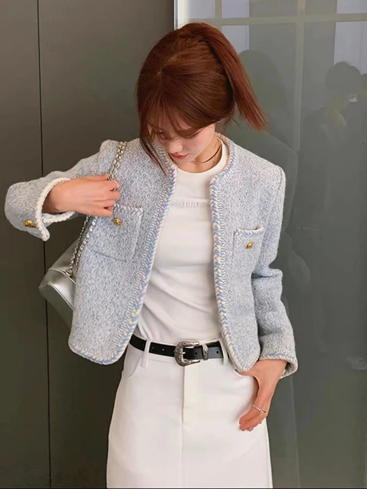 Zoki French Sweet Women Tweed Jacket Elegant Buttons Faux Wool High Quality Coat Fashion Long Sleeve Casual Female Outwear 240812