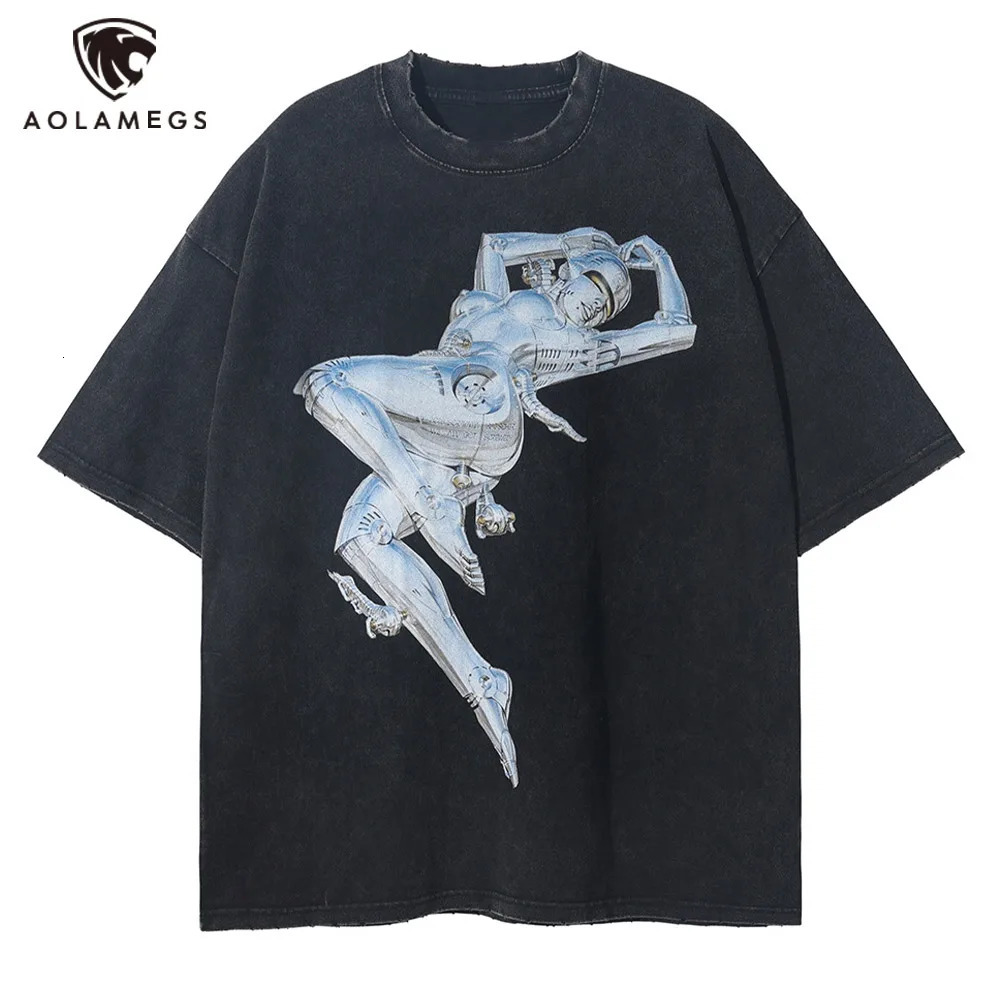 Punk Cool Robot Graphic Print T-shirt for Men Y2K Washed Black Short-sleeve Tops Trend Oversized Round Neck Men and Women Tshirt 240808