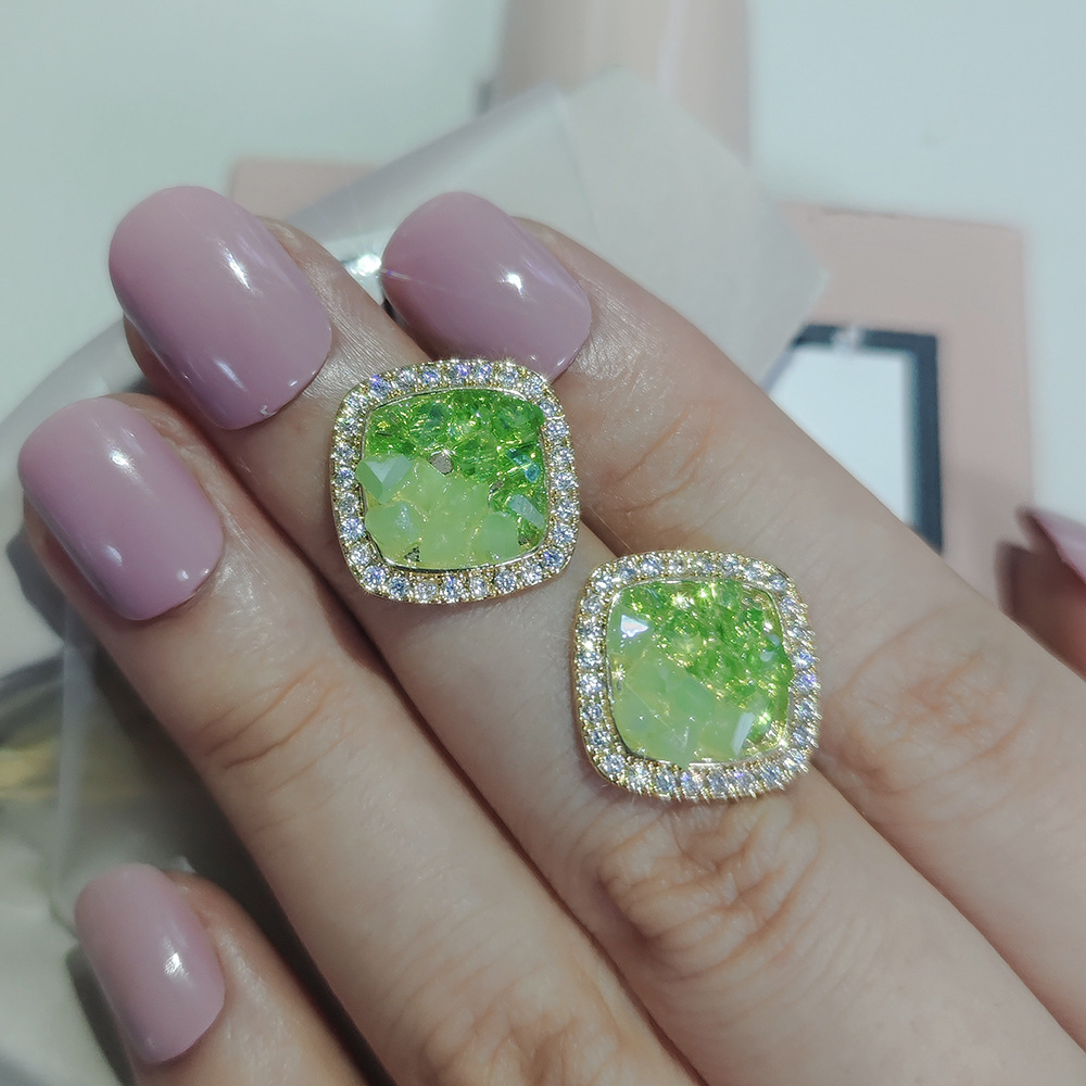 Sterg Sier Green Crystal Stud Earrings for Women, 2024 Fashion Jewelry Gift