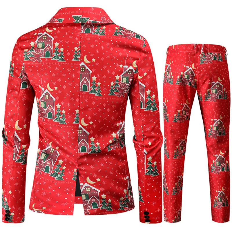Red Printed Two-piece Mens Christmas Suit Jacket Pants Stylish Male Blazer Coat with Trousers Black Green Blue S-4XL 240808