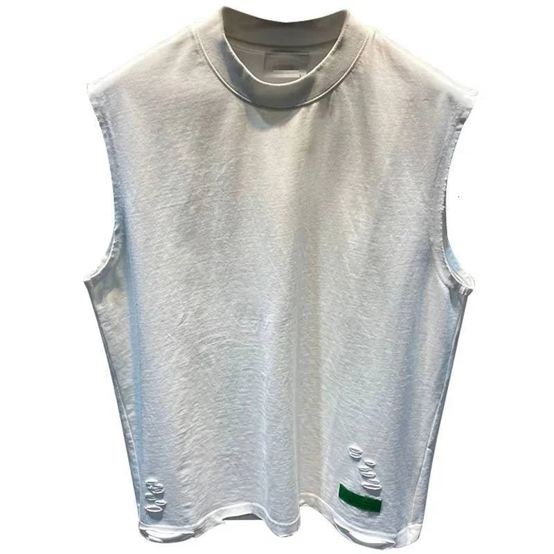 Summer Tear Hole O-neck Mens Tank Top Fashion Personality Casual 2xl Oversized T-shirt Sportswear Daily Street Black and White240808