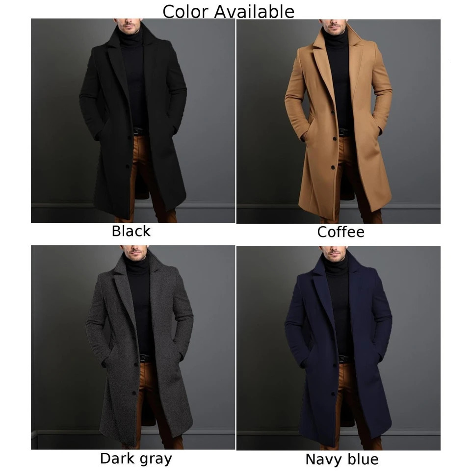 Atutuumn Winter Long Warm Wool Mens Trench Coat Solid Color Single breasted y Blended 240827 - view 6