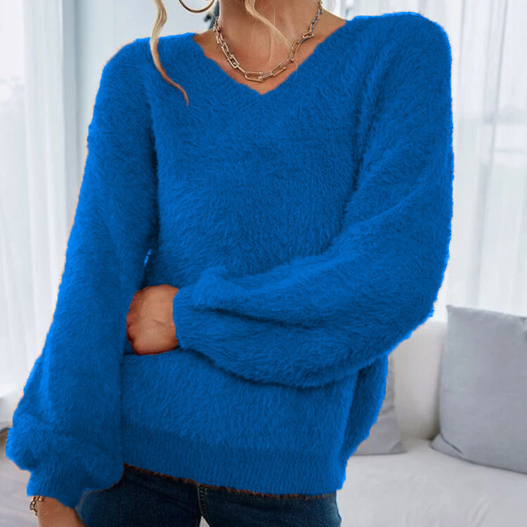 Autumn and winter slim fit pullover for women, elastic solid color, V-neck, slimming effect, imitation mink fur knit sweater 05e60 63d20