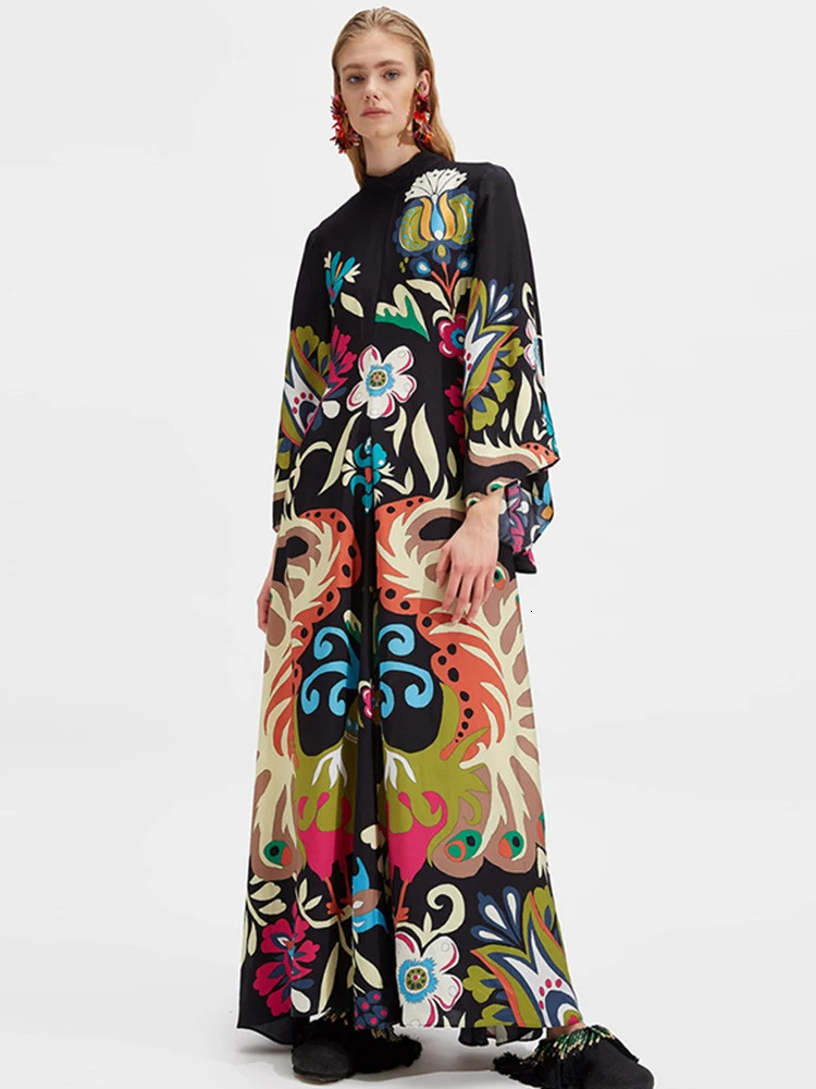 3D Print Spliced Maxi Dress Muslim Women Robes Vintage V Neck Flare Long Sleeve Summer Ladies Elegant Party Casual Dresses 240808